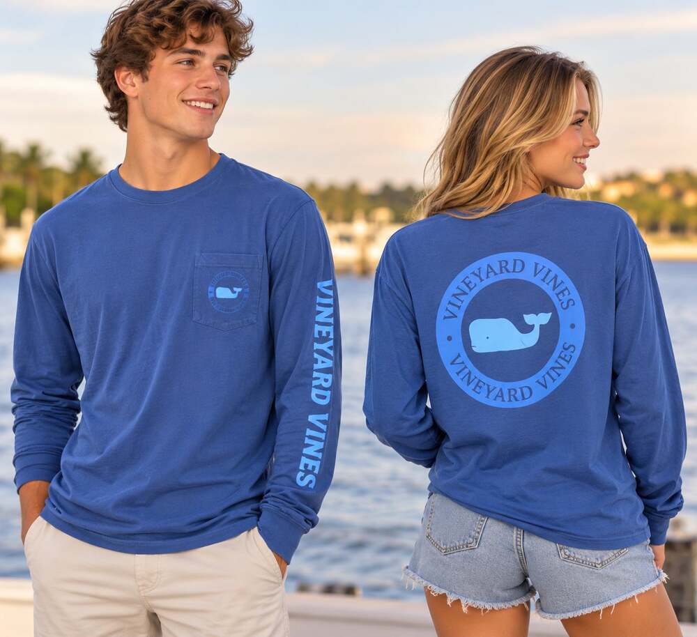 Vineyard Vines Blue Long Sleeve Pocket T Shirt Whale Logo Back Graphic Adult S